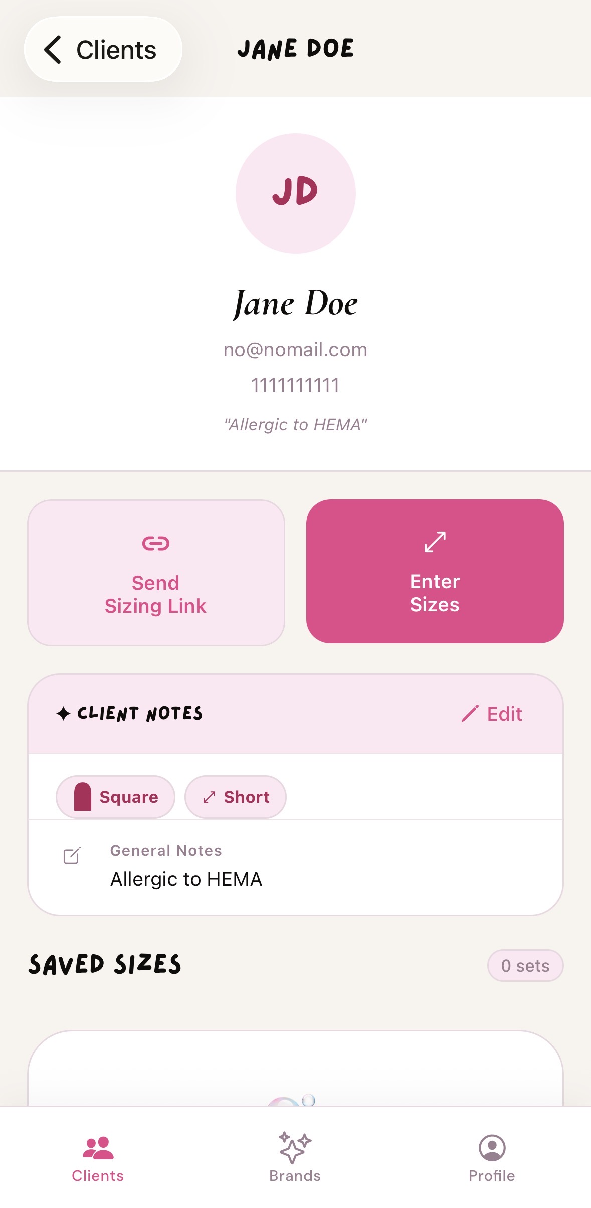 Nailometry client profile with saved nail sizes